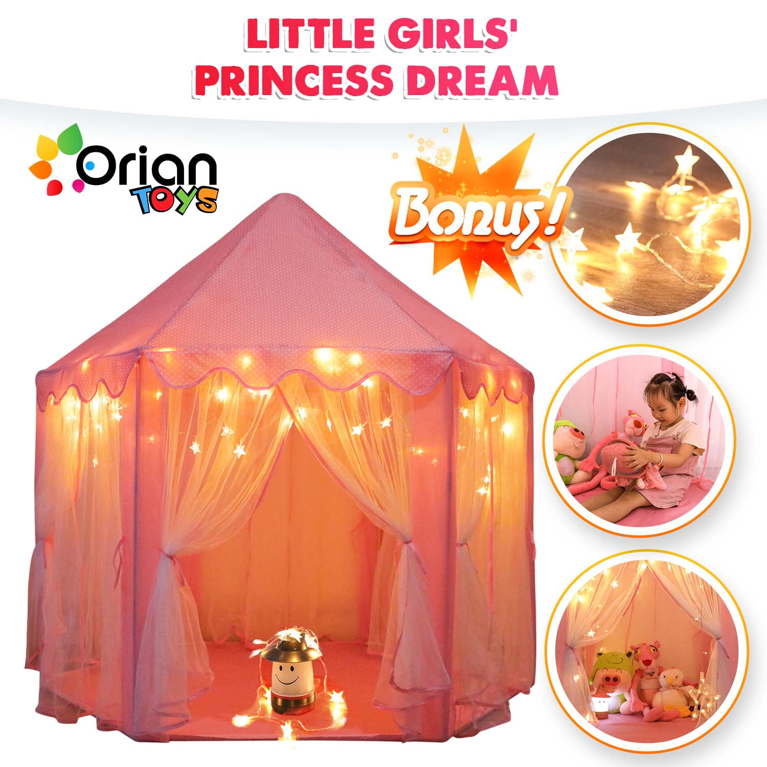 Princess Castle Playhouse Tent for Girls with LED Star Lights – Indoor & Outdoor Large Kids Play Tent for Imaginative Games – Princess Tent, 230 Polyester Taffeta. Pink 55"x53".