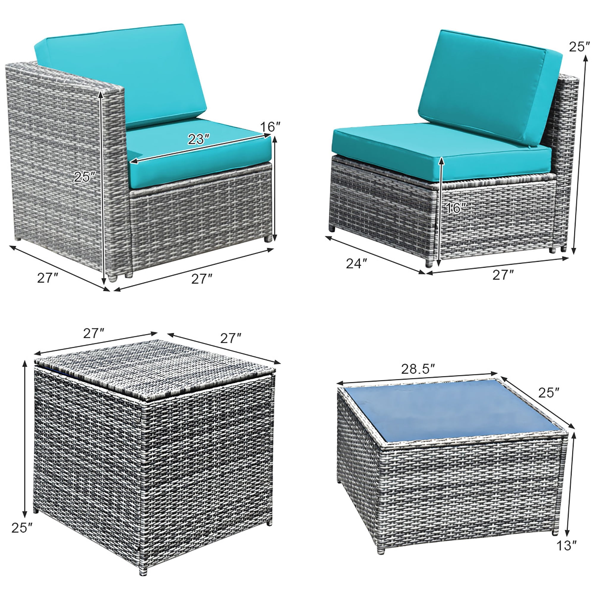 Costway 8 PCS Wicker Sofa Rattan Furniture Set Patio Furniture w/ Storage Table Turquoise