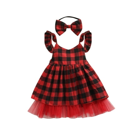 

Calsunbaby 2PCS Toddler Infant Baby Girls Christmas Clothes Set Red Plaid Printed Pattern Sleeveless Dress and Headdress