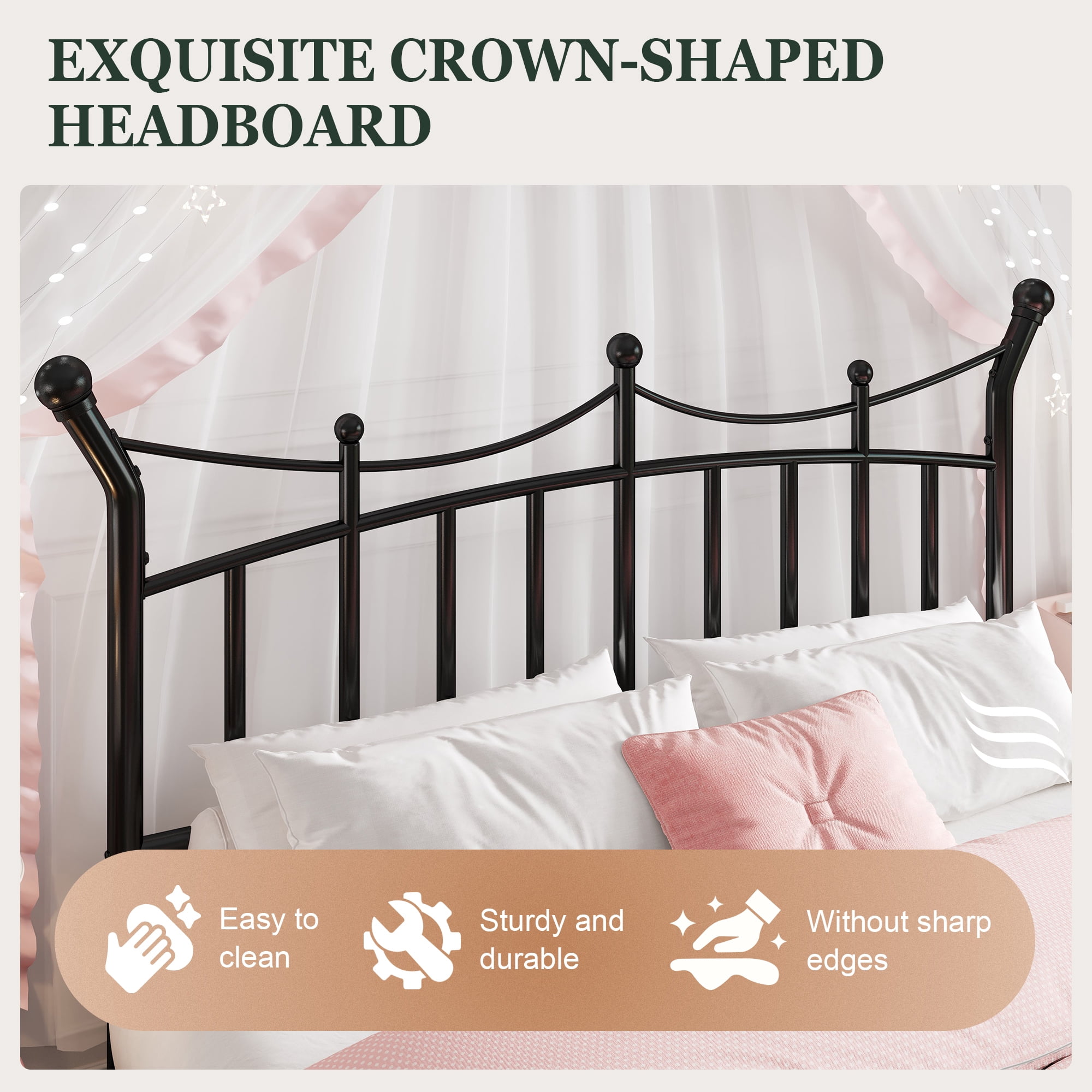 Amolife Full Bed Frame, Metal Platform Bed with Crown-Shaped Headboard and Footboard, 12.6'' Under-Bed Storage Space, No Box Spring Needed, Black