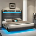 thumbnail image 2 of Merluxy Floating Queen Bed Frame with LED Lights, Upholstered Platform Bed with Charing Station & Storage Wingback Headboard, Easy Assembly, Dark Grey, 2 of 9