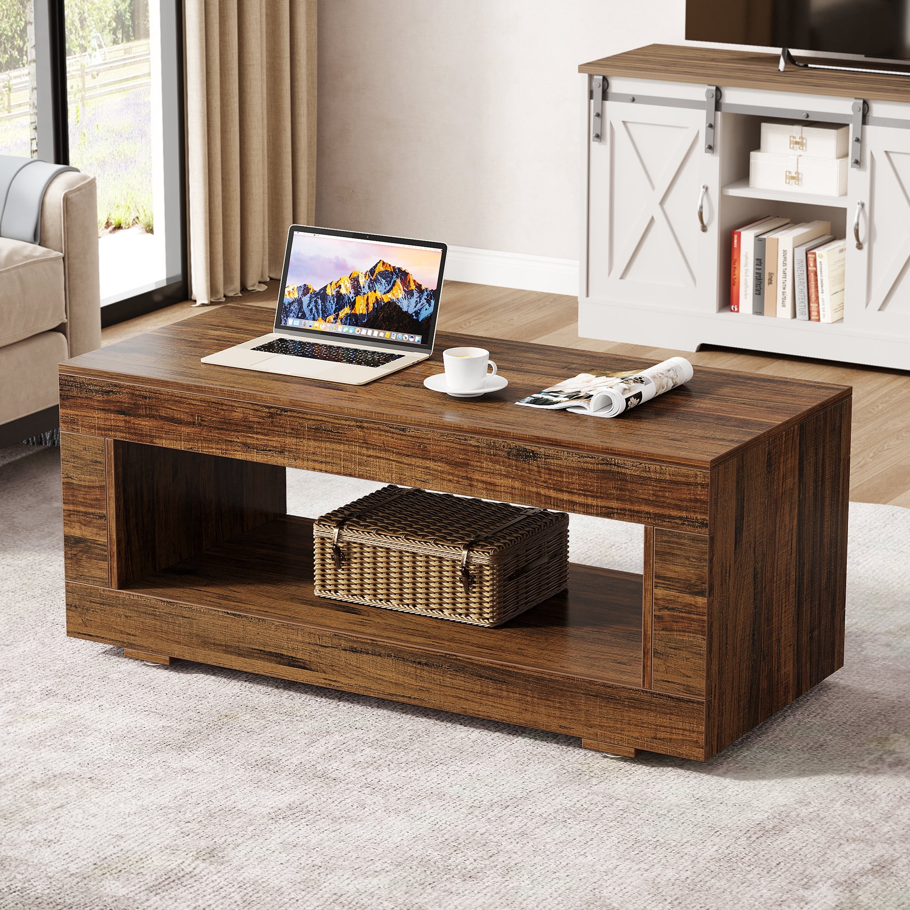 Tribesigns Coffee Table for Living Room, 43.3" Modern Farmhouse Coffee Table with Storage, 2-Tier Wood Rectangular Center Table Cocktail Living Room Table with Sturdy Base, Rustic Brown