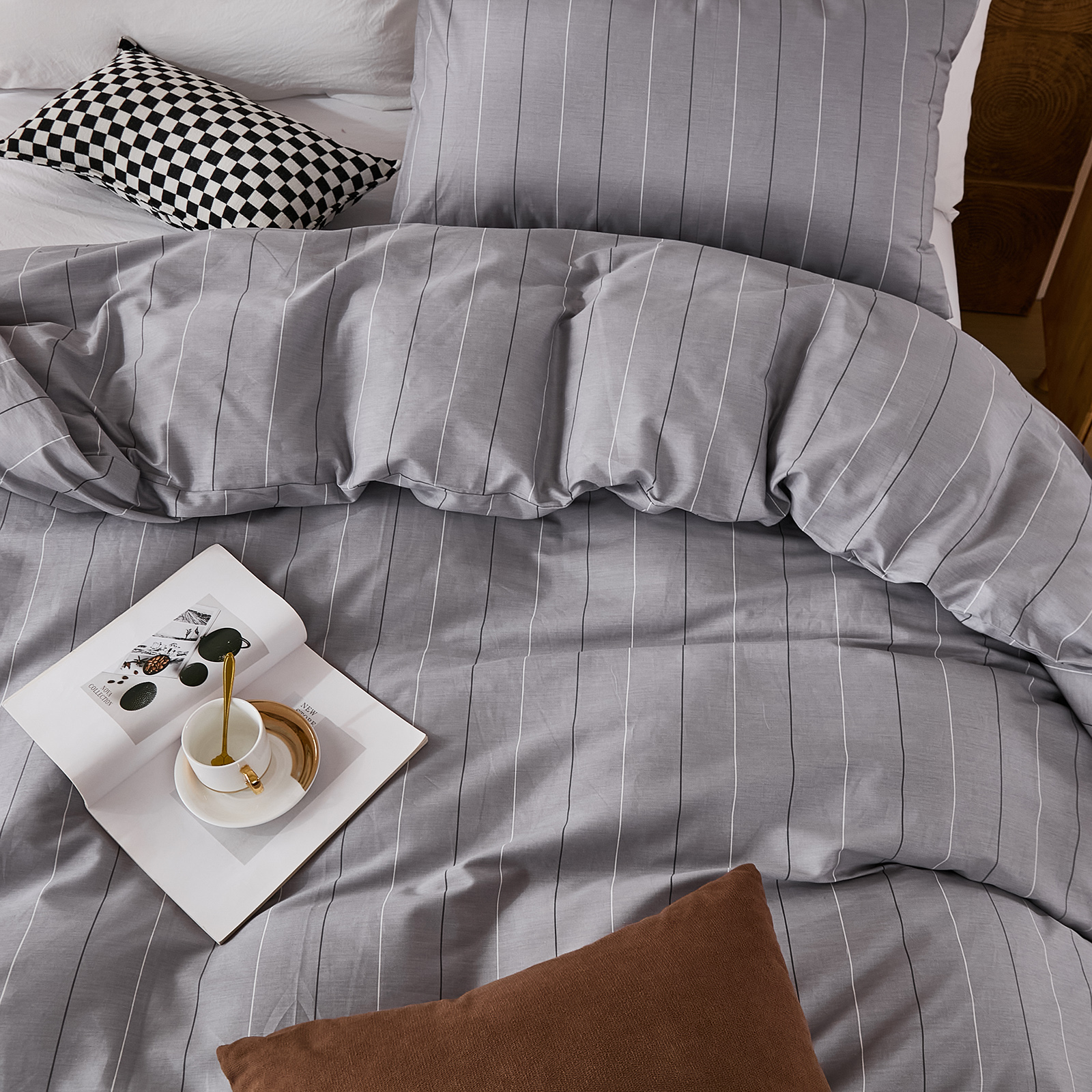100% Cotton Stripe Duvet Cover Set Queen Size - Gray Striped Duvet Cover Set with Zipper Closure & 8 Corner Ties, Modern Minimalist Wide Stripe Bedding Set for Cozy Elegant Bedroom