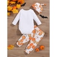 thumbnail image 4 of Baby Toddler Boys Halloween Outfits 0 3 6 12 18 24 Months Letter Print Crew Neck Long Sleeve Rompers Pumpkin Print Long Pants Hat 3Pcs Clothes Set, 4 of 9