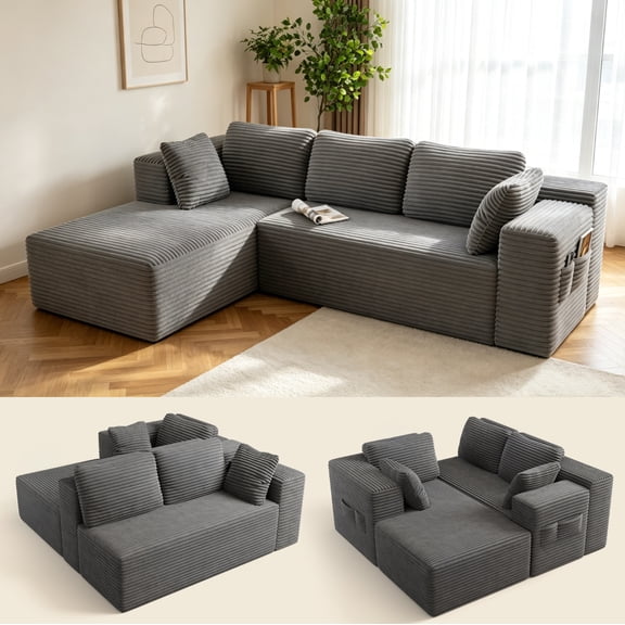 L-Shape Modular Sectional Sofa,Asofer 105" Cloud Sectional Couch with Chaise, Upholstered Corduroy Couch with Deep Seat, No Assembly Required