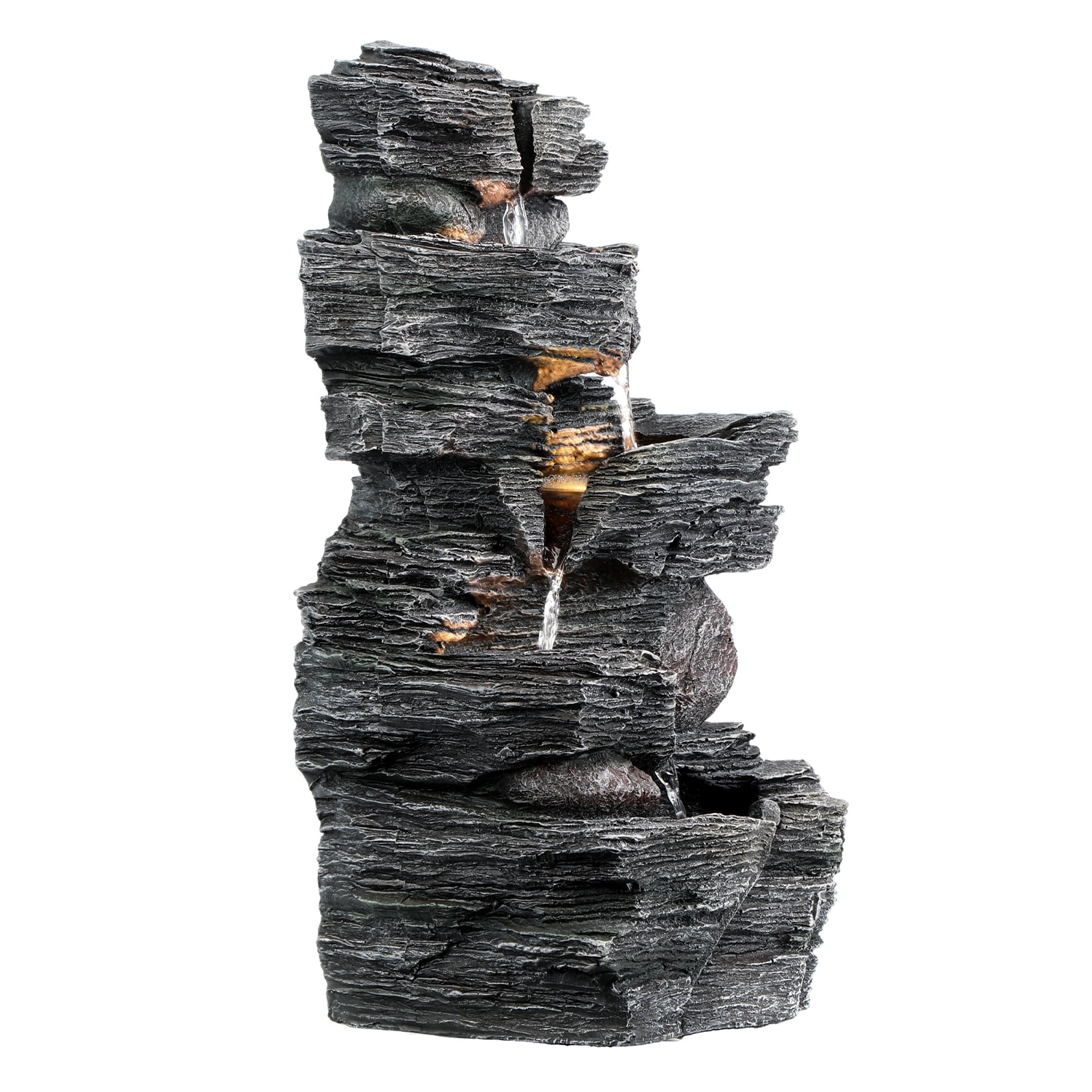 DJZ Outdoor Water Fountain Cascading Rock Water Fountain Outside Patio Water Features Fountain Garden Waterfall Decor with LED Warm Light and Pump