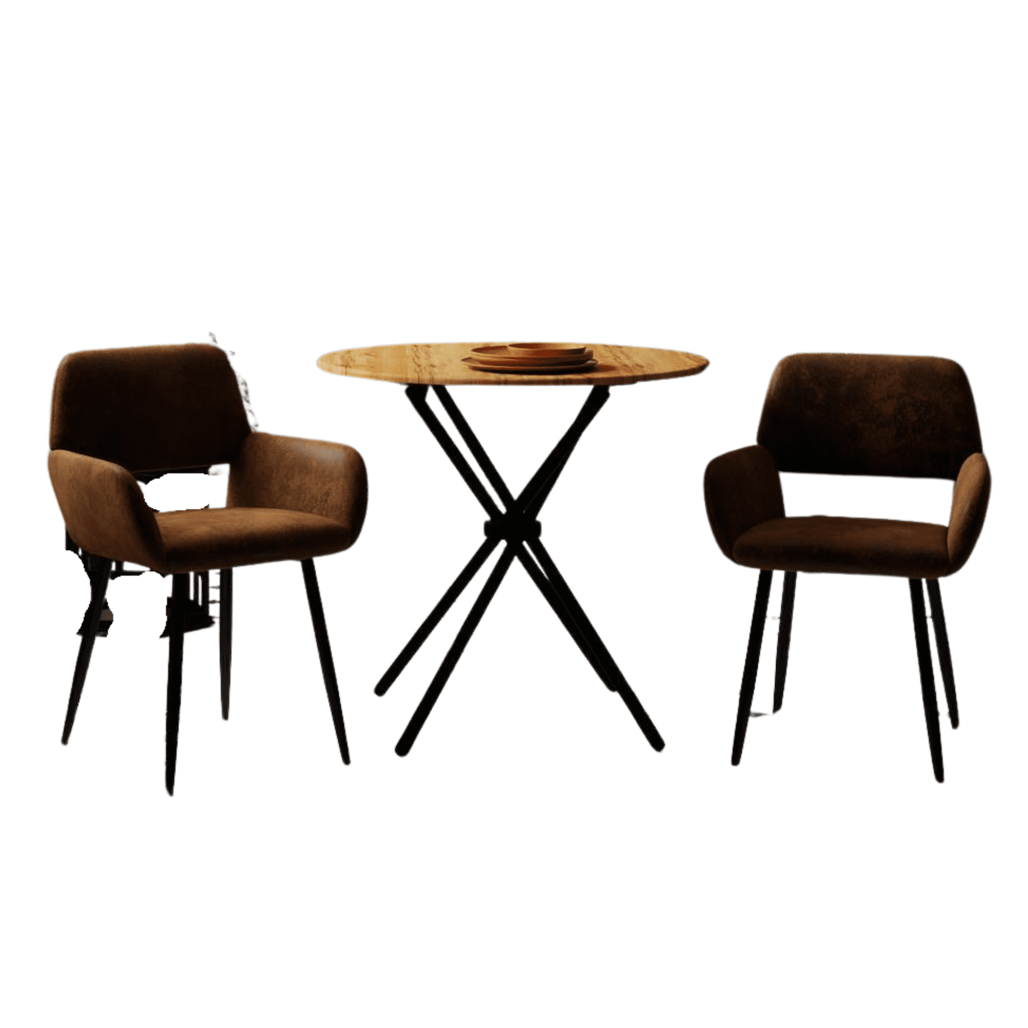 Homy Casa Round Dark Brown Dining Table with 2 Armchairs, Industrial 3-Piece Table Set with Brown Faux Suede Chairs for Small Dining Spaces