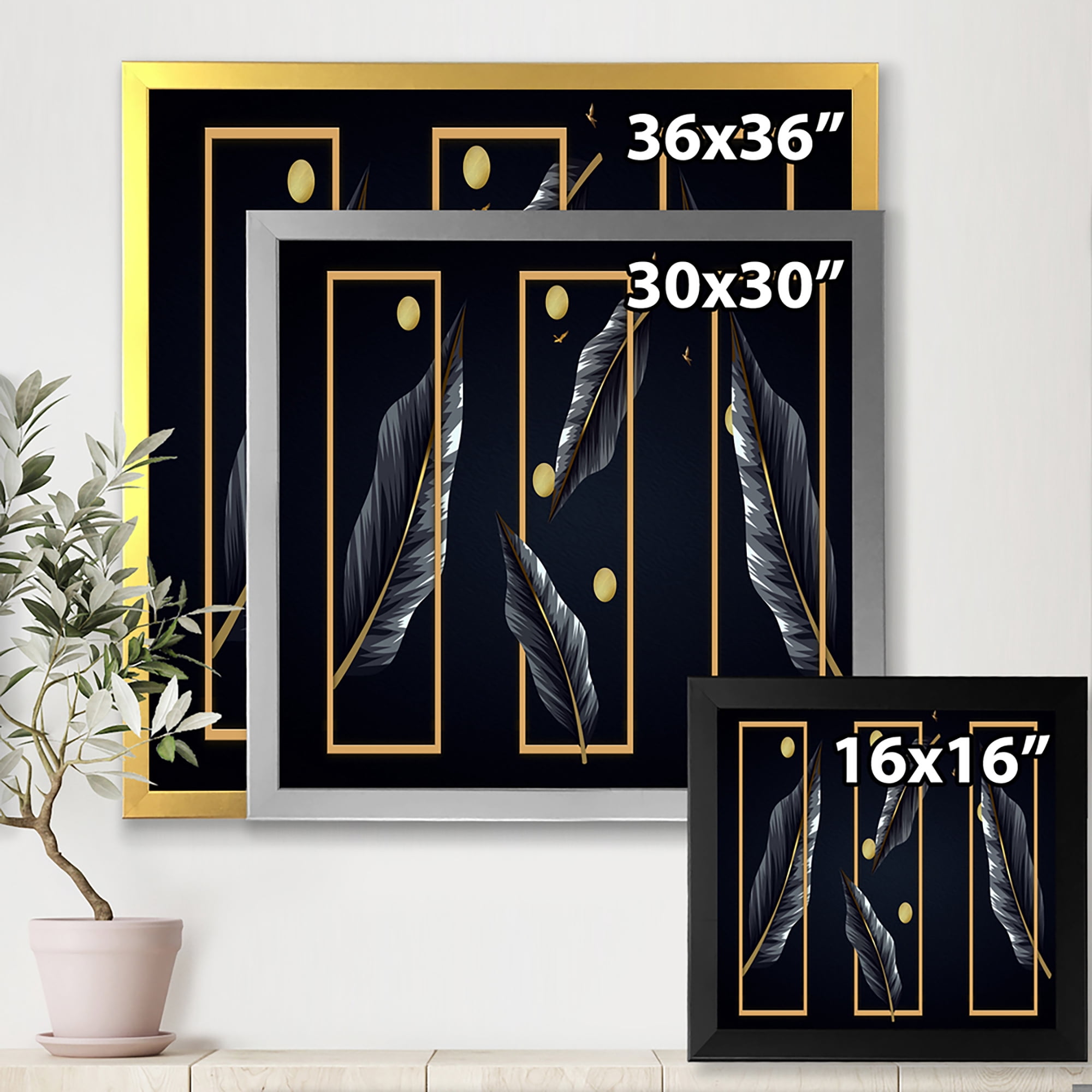 Designart 'Black Tropical Leaves Under Golden Rectangles' Modern Framed Art Print