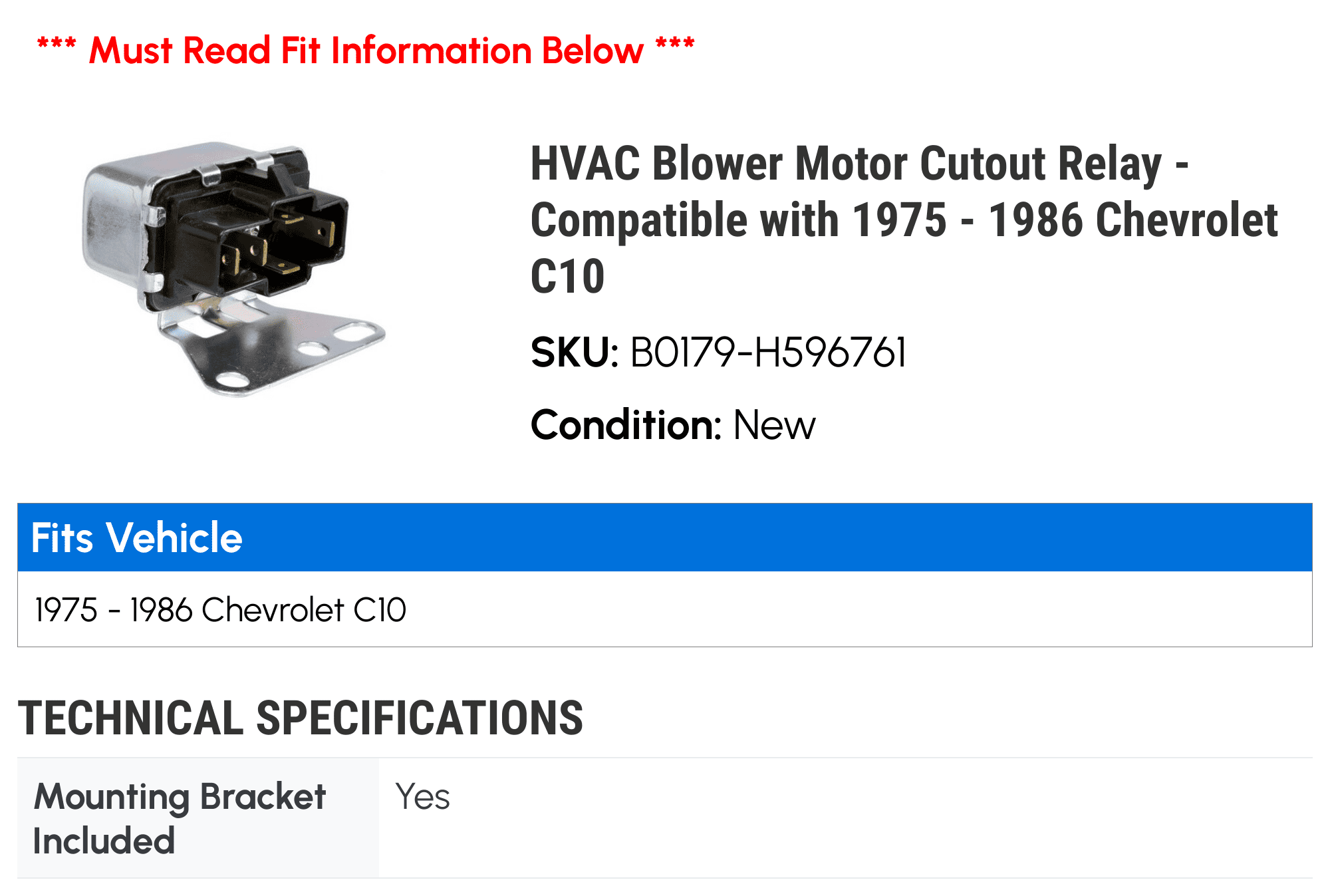 HVAC Blower Motor Cutout Relay - Compatible with 1975 - 1986 Chevy C10 1976 1977 1978 1979 1980 1981 1982 1983 1984 1985