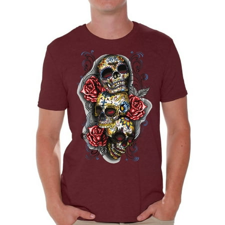 Awkward Styles Three Sugar Skull Tshirt for Men Skull Red Roses Shirt Sugar Skull Shirt Men's Day of the Dead Shirt Dia de los Muertos Gifts for Him Skull T-Shirt Halloween Outfit Sugar Skulls Tshirt