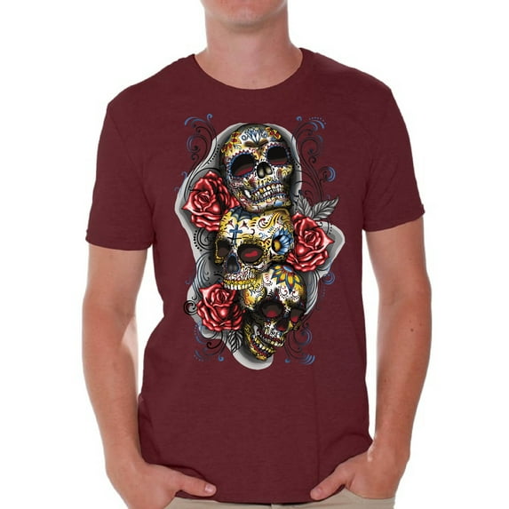 Awkward Styles Men's Three Sugar Skulls and Roses Graphic T-shirt Tops Day of the Dead