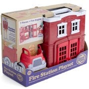 Green Toys: Fire Station Playset - 8pc Emergency Toy Set, Rescue Vehicle Truck, 2-Level Firehouse, 2 Cat Figures, Recycled Material, Kids-Toddlers 2+