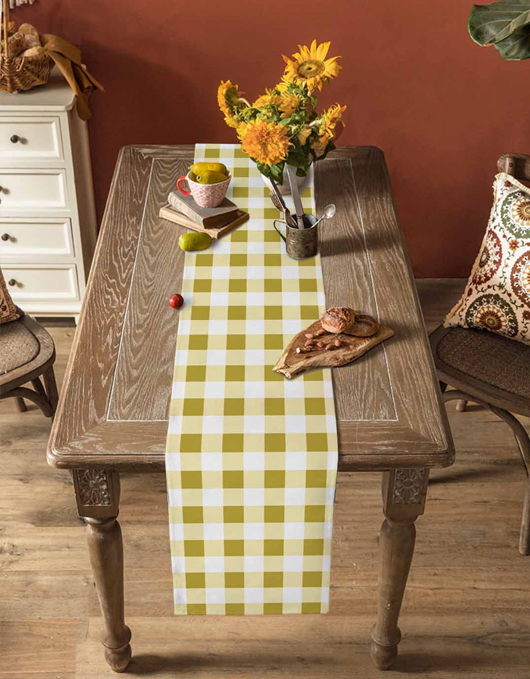 Yellow Checkered Burlap Cotton Table Runner 14x72 Inches Long, Farmhouse Buffalo Plaid Farmhouse Table Runners, Outdoor Dining Tablecloths Decor for Baby Shower/Party/Wedding