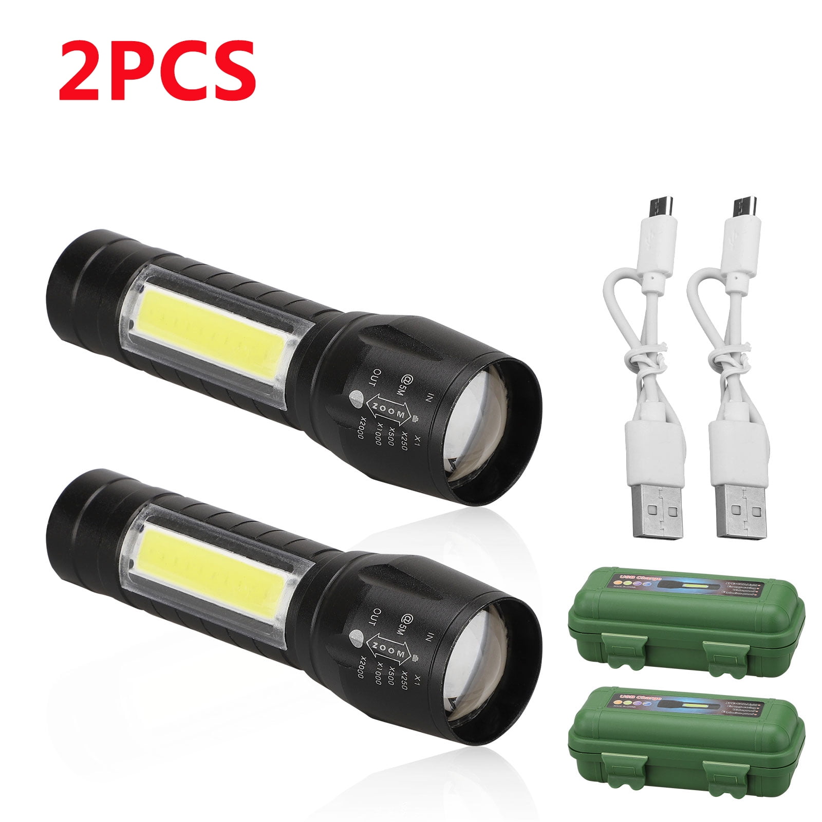 2/1pcs Portable T6 COB LED USB Rechargeable Flashlight, Zoomable