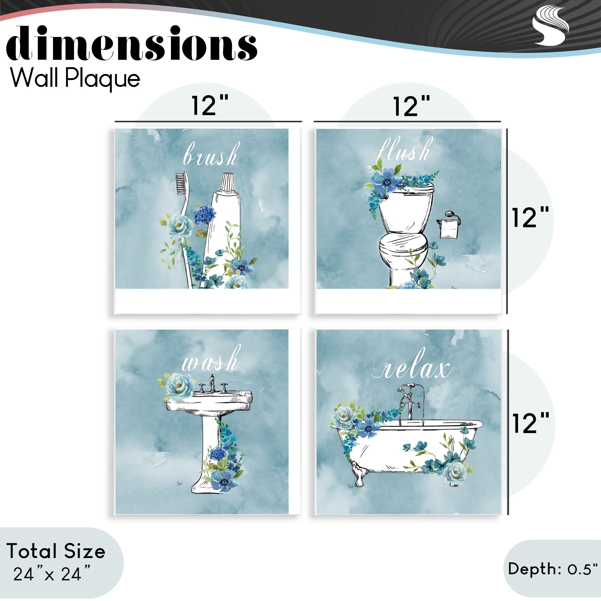 Stupell Industries Blue Floral Bathroom Rules 4 Piece Wall Plaque Art Set, design by Nan
