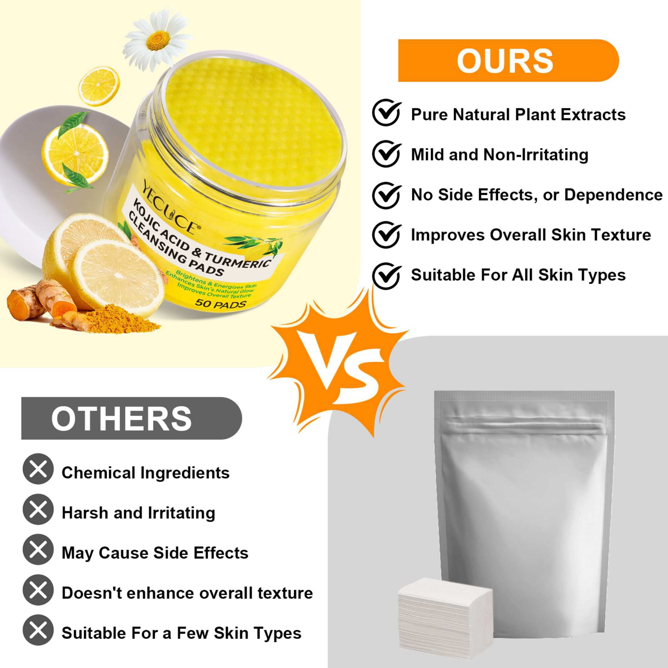Yecuce 3-Pack Turmeric Kojic Acid Cleansing Pads -Cleansing & Hydrating Facial Pads, Facial Cleansing for All Skin Type