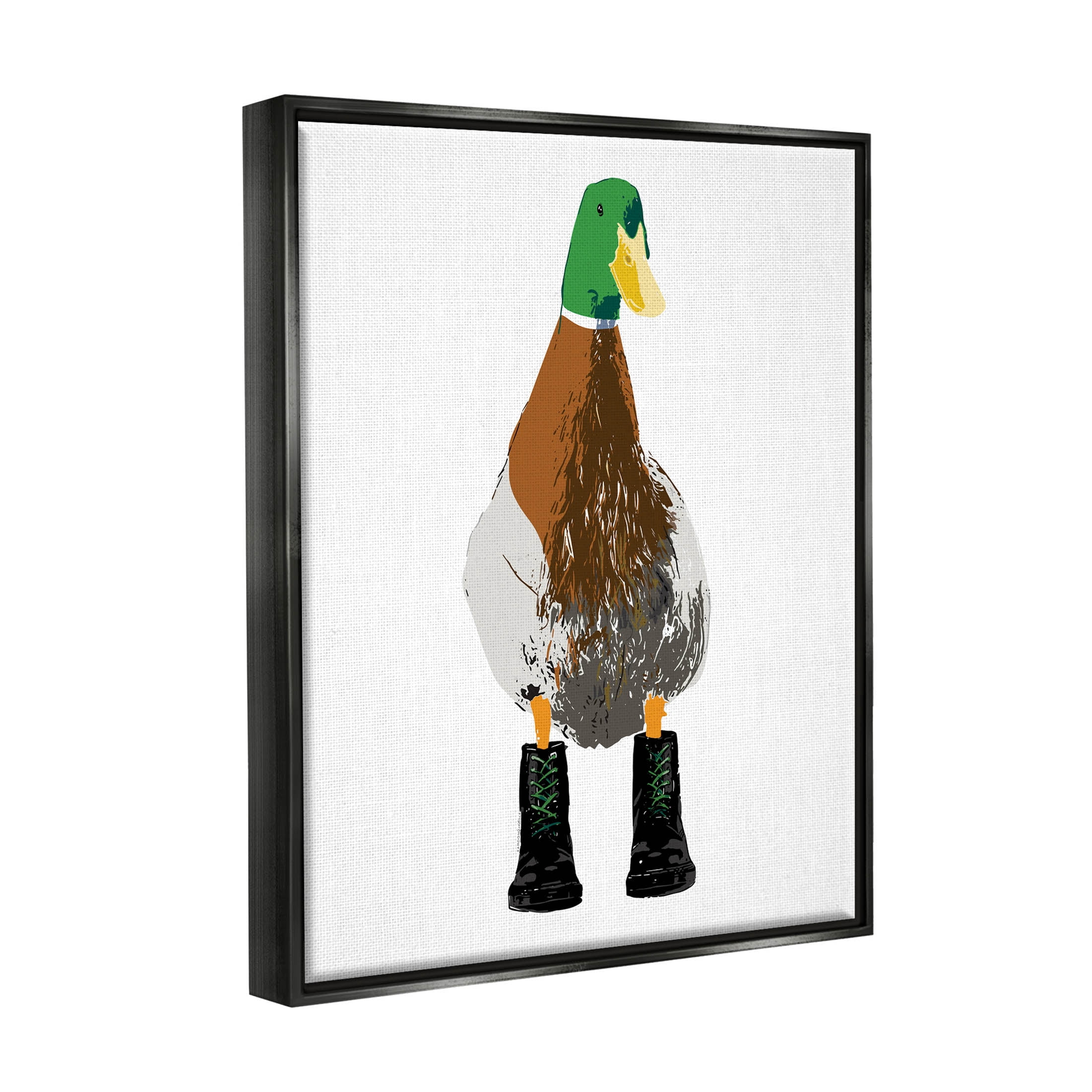 Stupell Industries Mallard Duck Wearing Boots Portrait Graphic Art Jet Black Floating Framed Canvas Print Wall Art, Design by Kamdon Kreations
