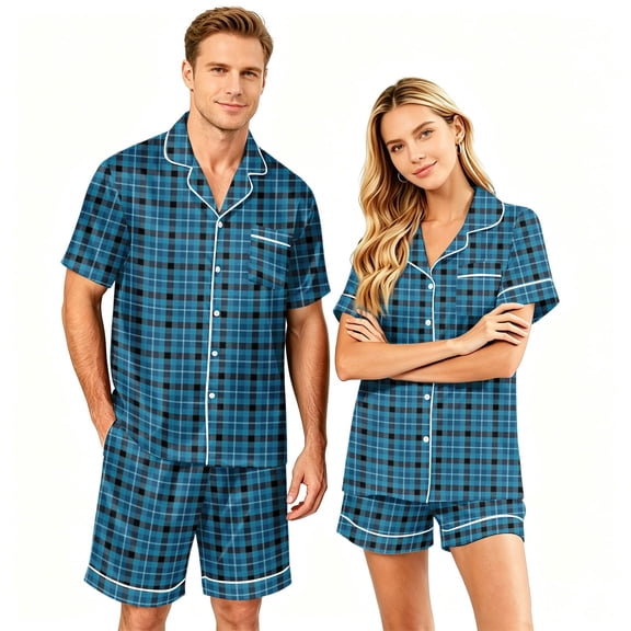 Matching Couples Pajamas Silk Short Sleeve Button Down Sleepwear Soft 2 Pcs Pj Set(Men)