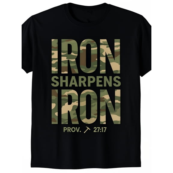 Iron Sharpens Iron Proverbs 27 17 Christian Graphic Tee for Men Women, Bible Verse Camo Short Sleeve T-Shirt, Casual Crew Neck Top for Church Gift