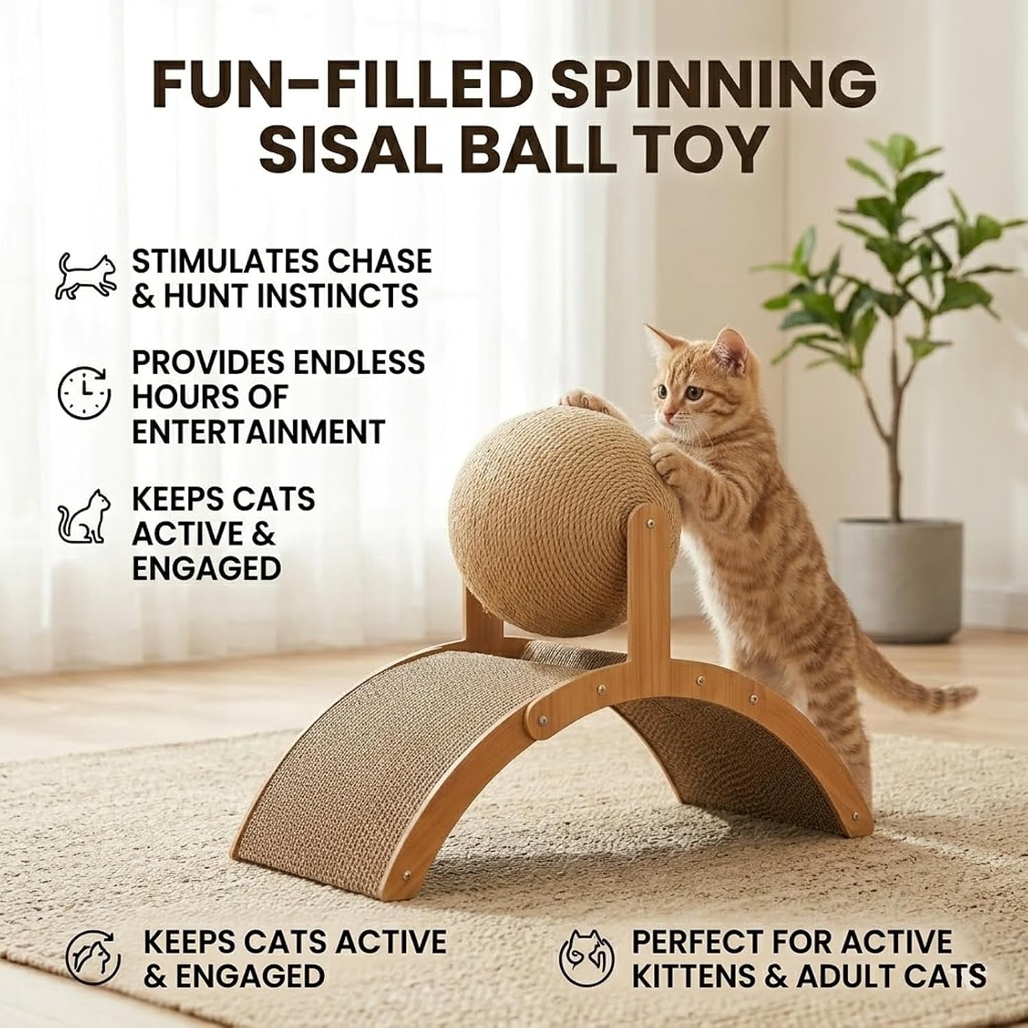 JEBTBFZE Cat Scratching Ball on Stand, Cat Scratching Post with Arch Bridge Balls, Interactive Cat Scratcher with 360° Rotating Sisal Ball, for Indoor Cats Kittens,Protects Furniture & Rugs (S)