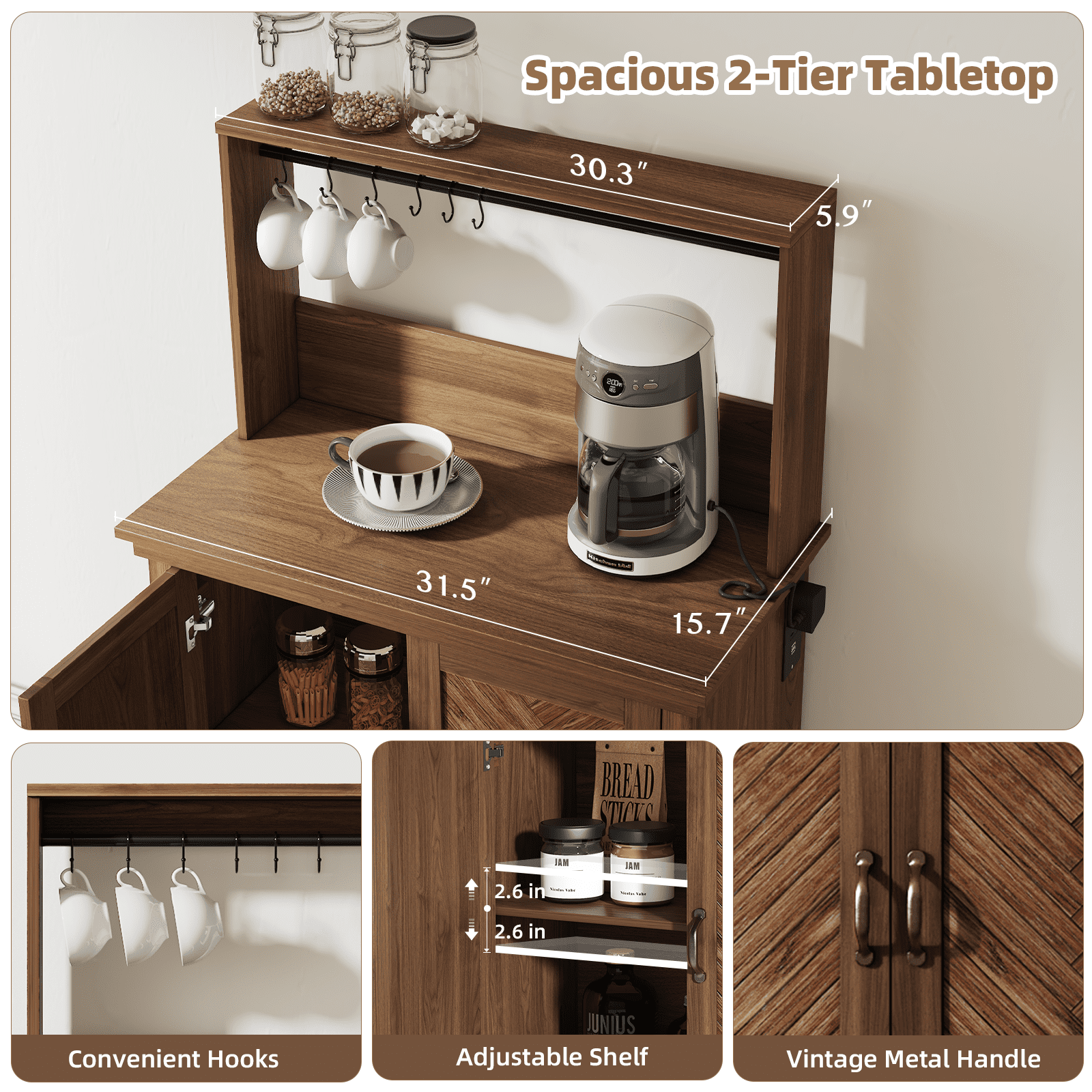 JOINICE Farmhouse Coffee Bar Cabinet with Storage and Power Outlet,Small Coffee Station with Adjustable Shelf,for Dining Room,Kitchen, Living Room,Walnut