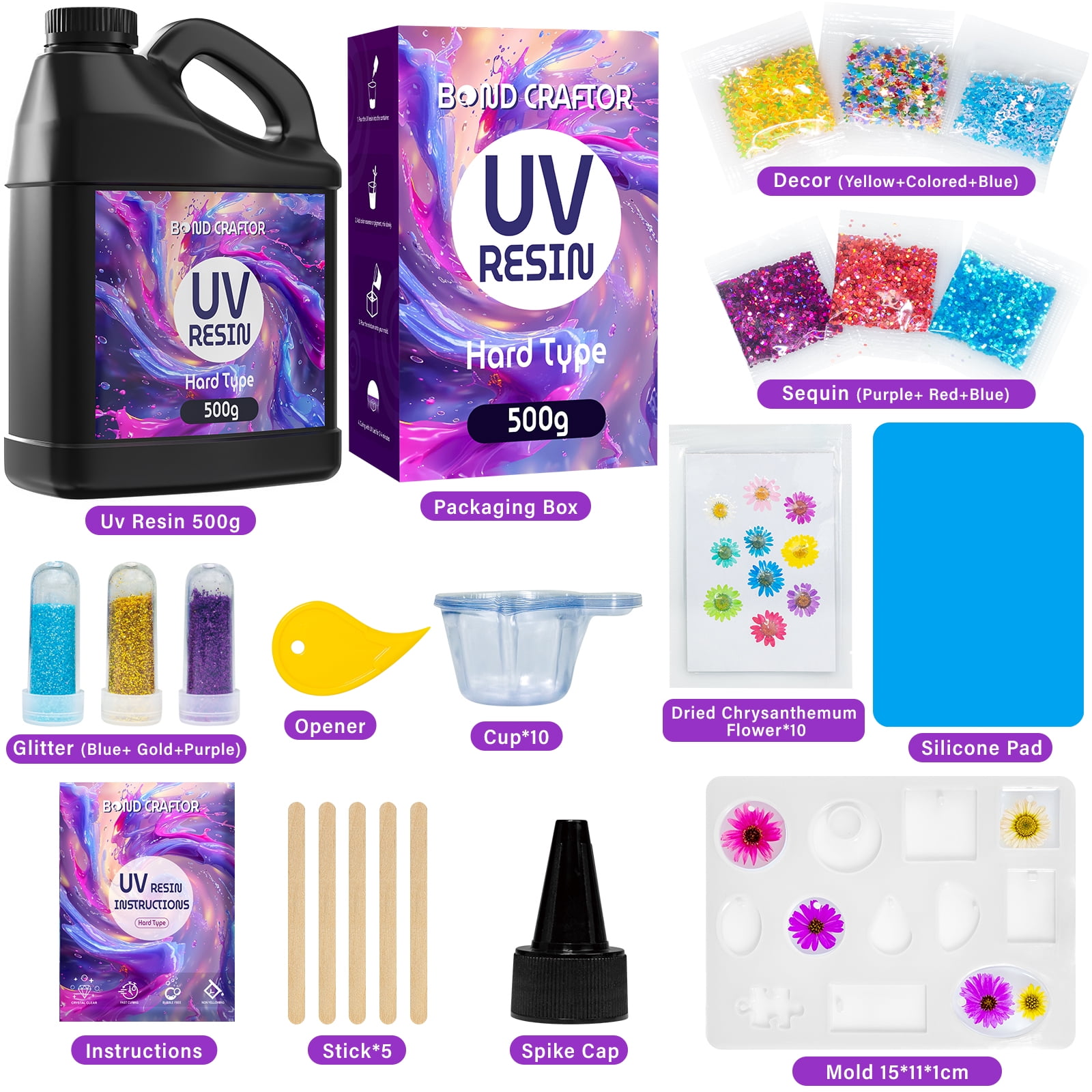 Bond Craftor UV Resin Kit 500g – Fast Curing Ultraviolet Resin for Crafts, Jewelry, DIY, and Coating, Molding, and Casting