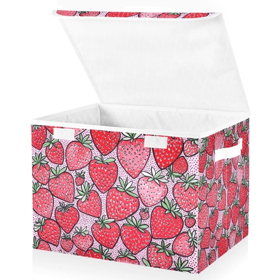 Yayeee Collapsible Cube Storage Bin with Lid Fabric Closet Decorative Basket with Handles, Sweet Strawberry