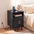 thumbnail image 3 of Farmhouse Nightstand with Built-in Charging Station Storage End Table Bedside Table Sliding Door for Bedroom Living Room, Black, 3 of 11