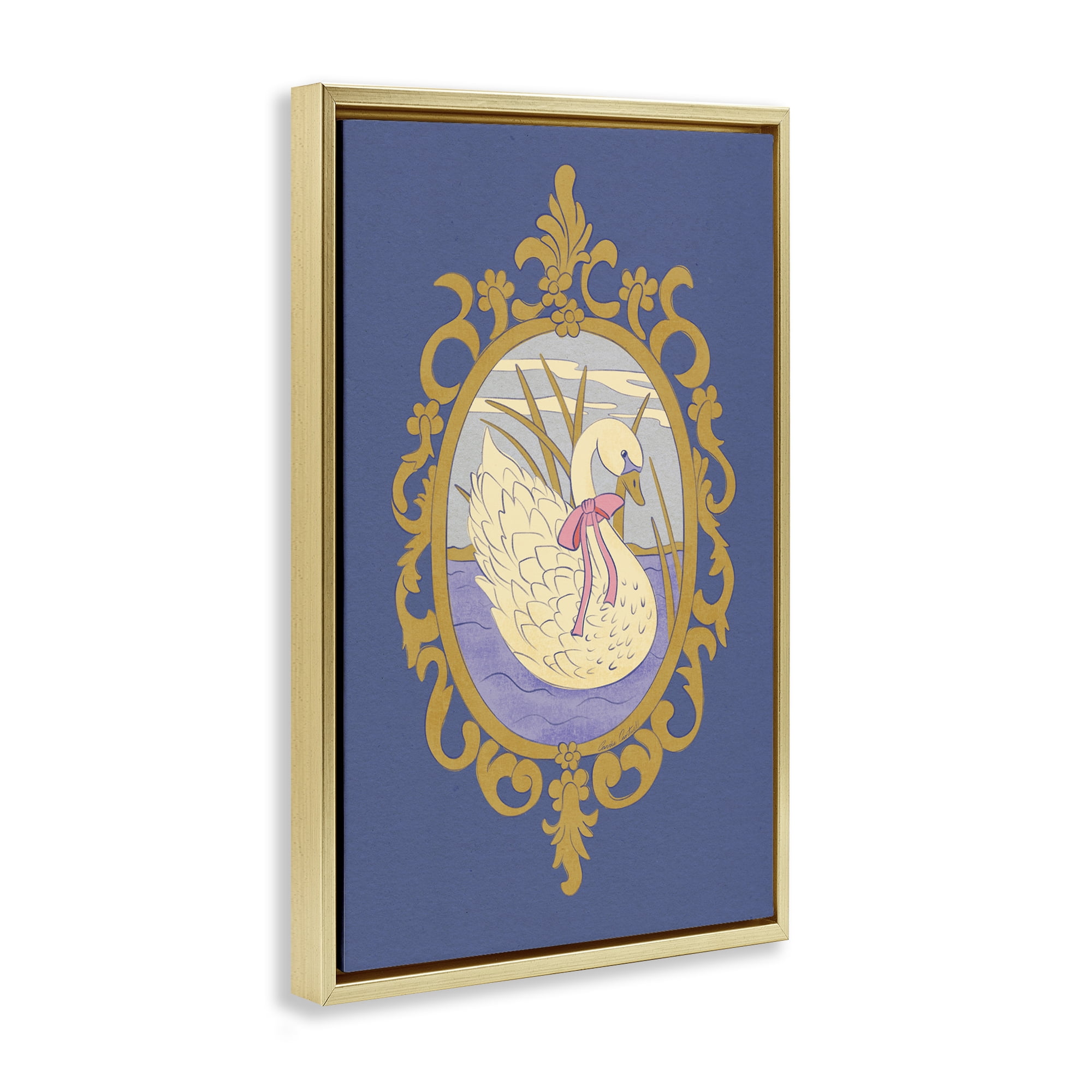 Stupell Industries Swan and Ornate Pattern Gold Framed Floater Canvas Wall Art, design by Carrie Cantwell