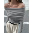 thumbnail image 3 of Women'S Off the Shoulder Long Sleeve Bodysuit Sexy Slimming Body Suit Tops Sheer Mesh Ruched Outfits Grey S, 3 of 6