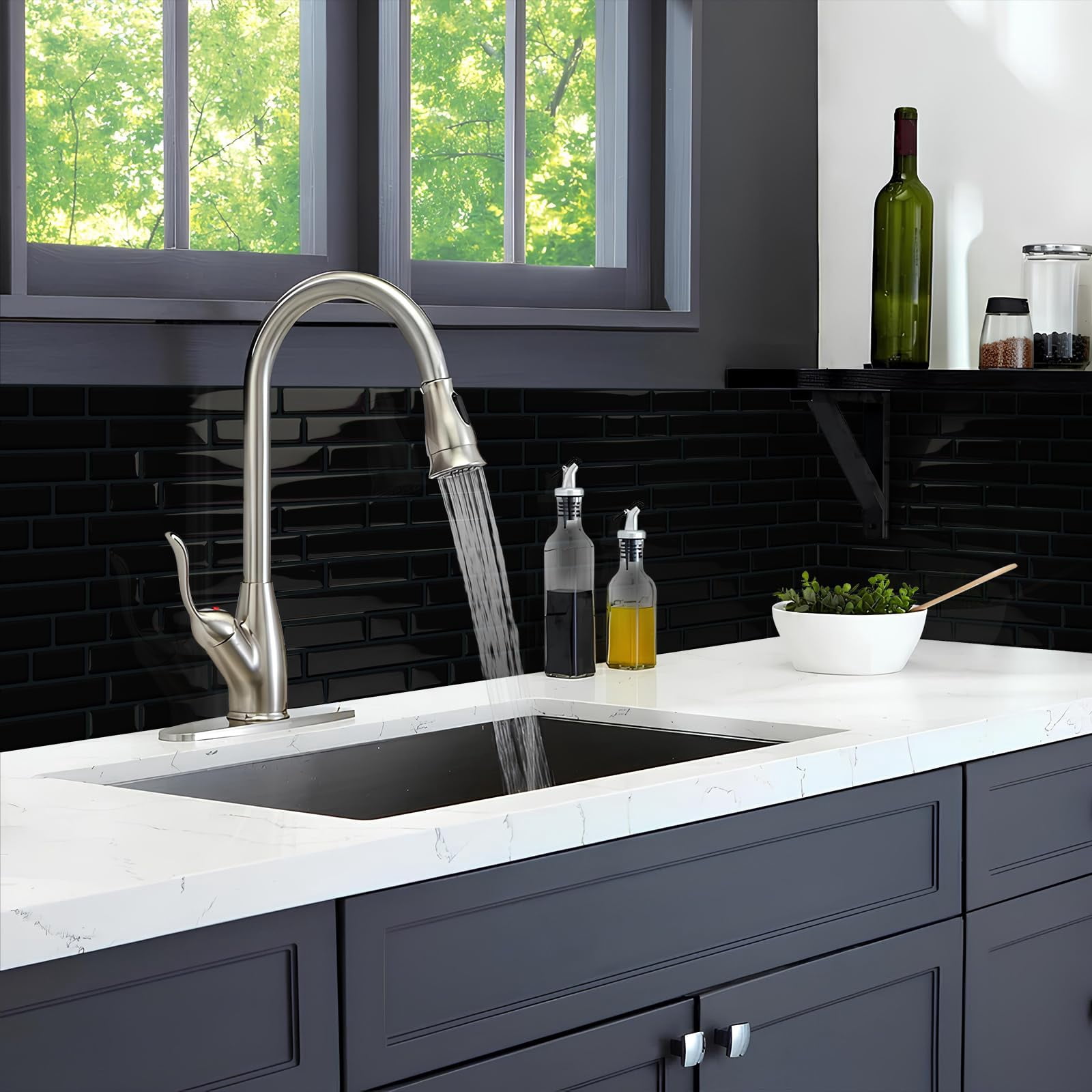 Black Peel And Stick Tile Backsplash 12"x12" Self Adhesive Wall Tiles For Kitchen Marble (10-sheet)