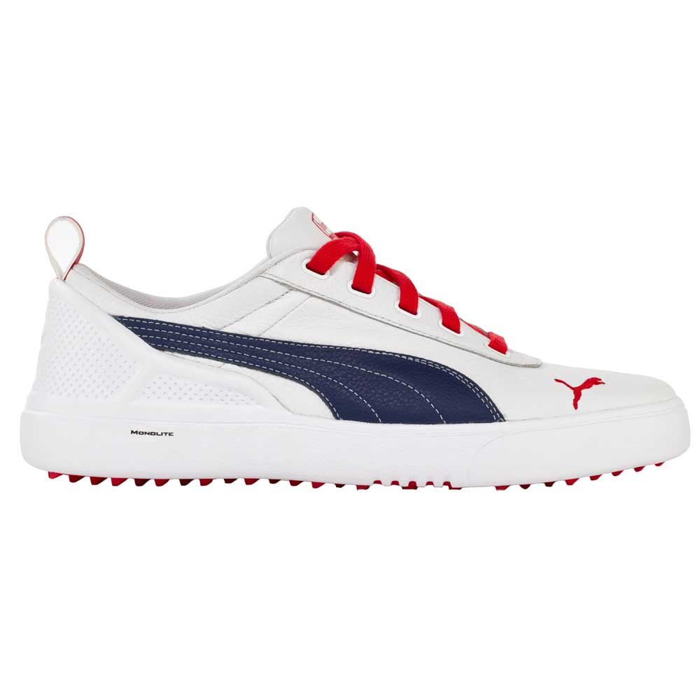red white and blue puma golf shoes