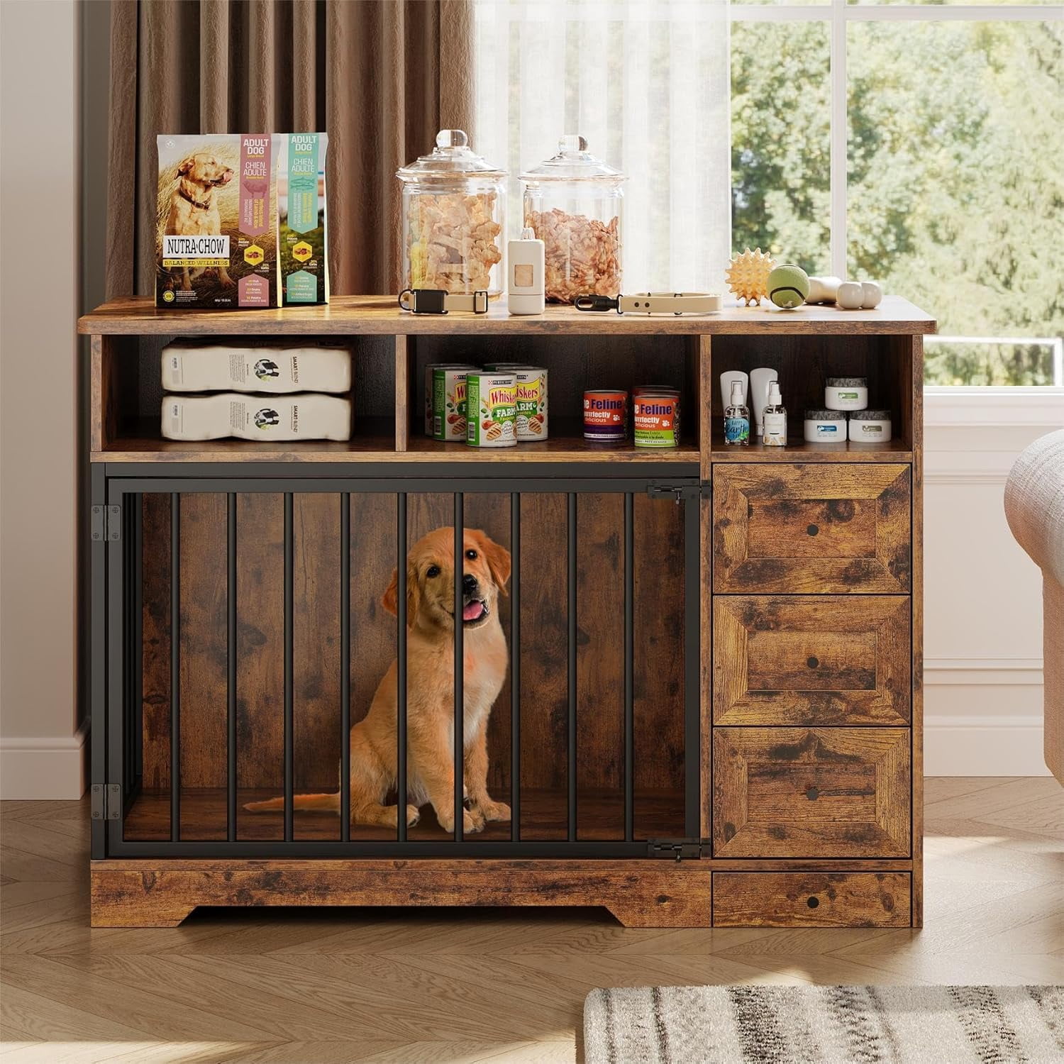 Garvee 48" Large Dog Crate Furniture, Farmhouse Dog Kennel with Built-in Dog Bowl, 3 Drawers & Open Shelves, Heavy-Duty Wooden Dog Crate Table for Medium & Small Dogs, Indoor Pet Furniture, Brown