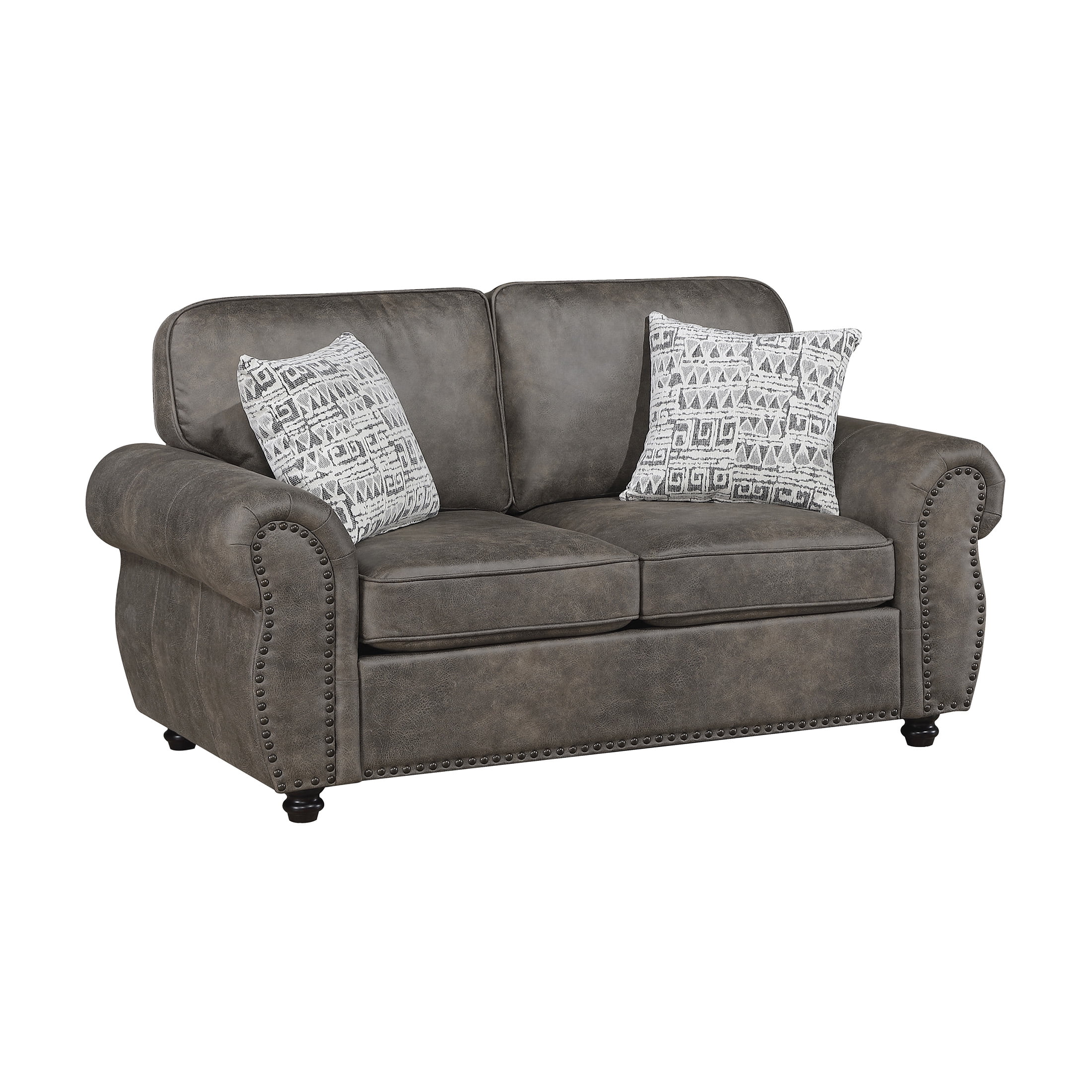 OakvillePark Solvane Microfiber Loveseat with 2 Pillows and Nailhead Trim, Brownish Gray