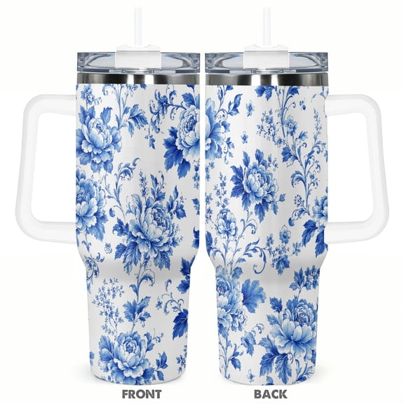 40oz Blue and White Peony Floral Tumbler with Handle and Straw Insulated Travel Coffee Cup Gift
