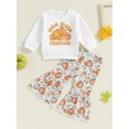 thumbnail image 2 of Toddler Baby Girls Halloween Bell-Buttoms Outfits Letters Sweatshirt Tops Pumpkin Flare Pants Set Fall Holiday Clothes, 2 of 8