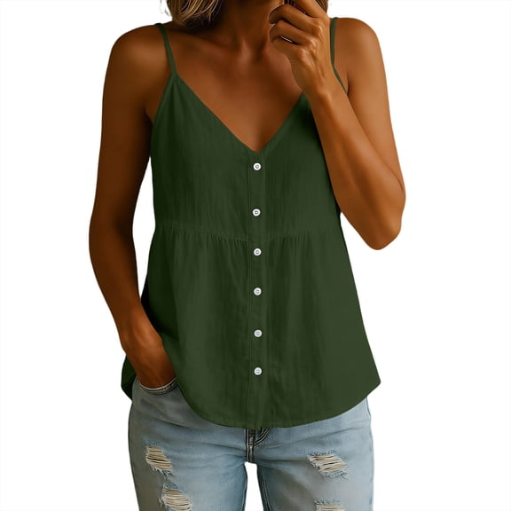 Kilaqueen Cotton Linen Camisole Tops for Women Spaghetti Strap V Neck Button Down Peplum Hem Summer Boho Tank Tops