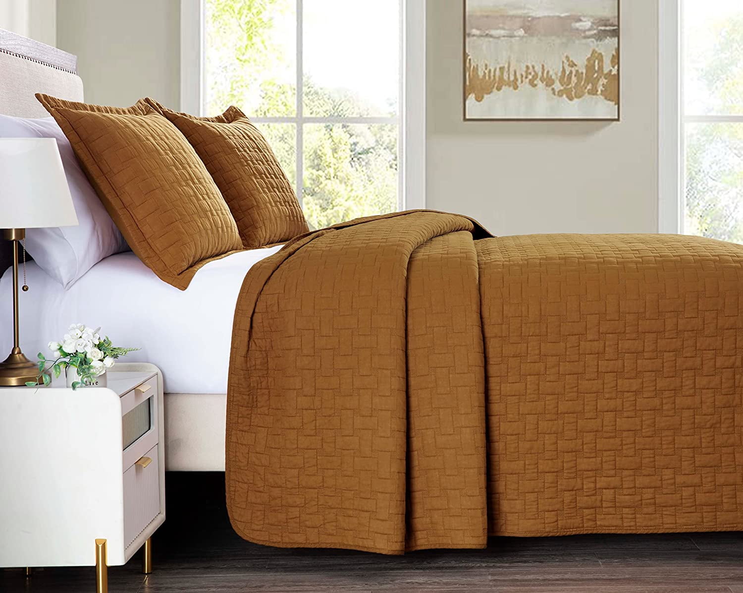 Chezmoi Collection Vert 3-Piece 100% Cotton Quilt Set Queen Size, Spice, Modern Basketweave Stitched Quilt Lightweight Washed Cotton Bedspread for All Season