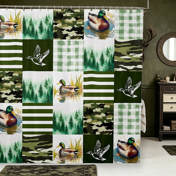 Manfei Green Camo Pattern Shower Curtain 72Wx78L,Outdoor Camouflage Bath Curtain