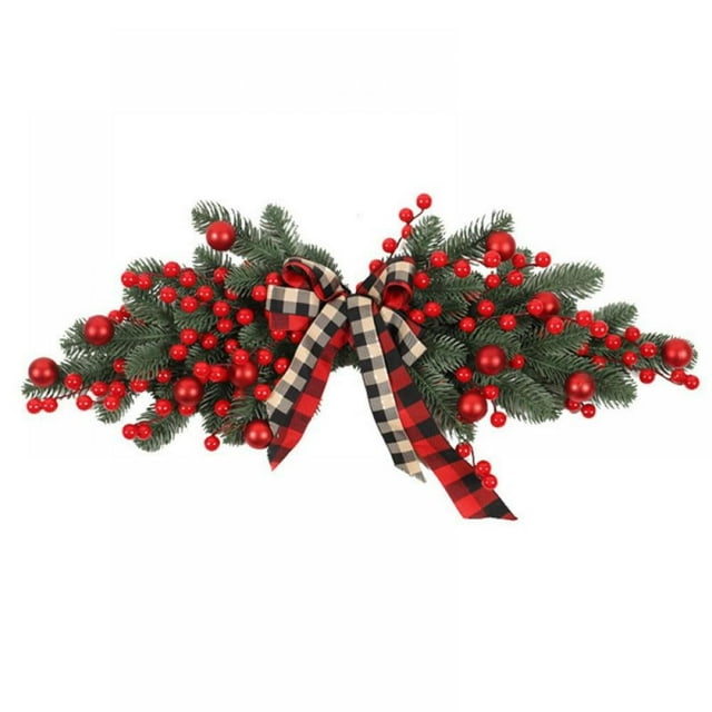 Swag de Noël Pré-Éclairé avec Ruban Arc Baies Rouges pour la Décoration d'Escalier Extérieur de la Fenêtre de la Porte de la Boîte aux Lettres