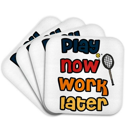 3drose, Cute Funny Play Now Work Later Tennis Player Sports Cartoon, Set of 4 Coasters - Cork