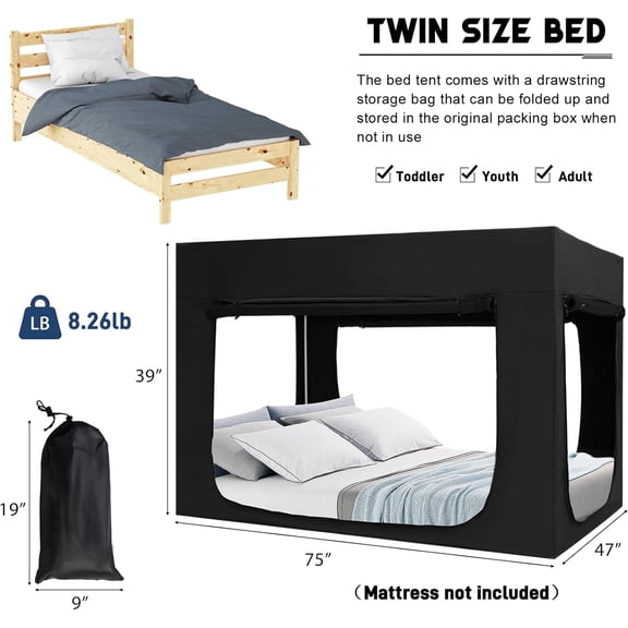 Bed Tent Twin Size with 80% Blackout and 4 for Cozy Private Sleeping Space