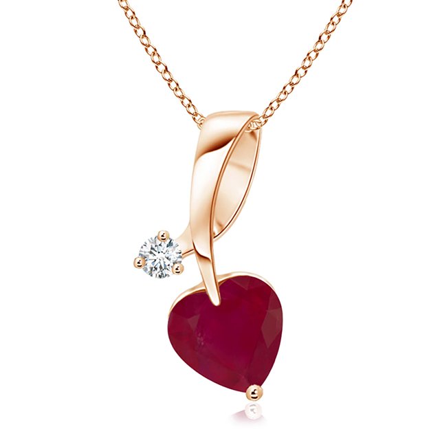 Angara Natural Ruby Necklace - Heart-Shaped Ruby Ribbon Pendant with Diamond in 14K Rose Gold for Women