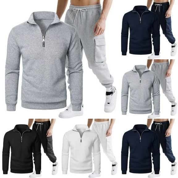 RYDCOT Men's Sweatsuits 2 Piece Set Athletic Jogging Gym Sports Pocket Drawstring Pants Half Zip Long Sleeved Stand up Collar Top Sets White