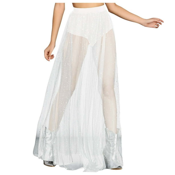 Falda lápiz transparente plisada con lentejuelas y encaje para mujer, para salir de noche - Vestido ajustado de tul brillante de cintura alta para fiestas