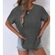 thumbnail image 3 of Mujeres de Verano Tops Nuevo Color Sólido Cuello en V Manga Corta con una Hendidura en el Doblado, Poliéster, 3 of 5