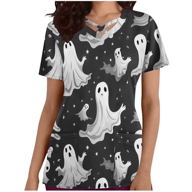 Tops Cortos para las Mujeres, Halloween Impreso en Cuello en V con Bolsillo, Moda Casual Manga Corta