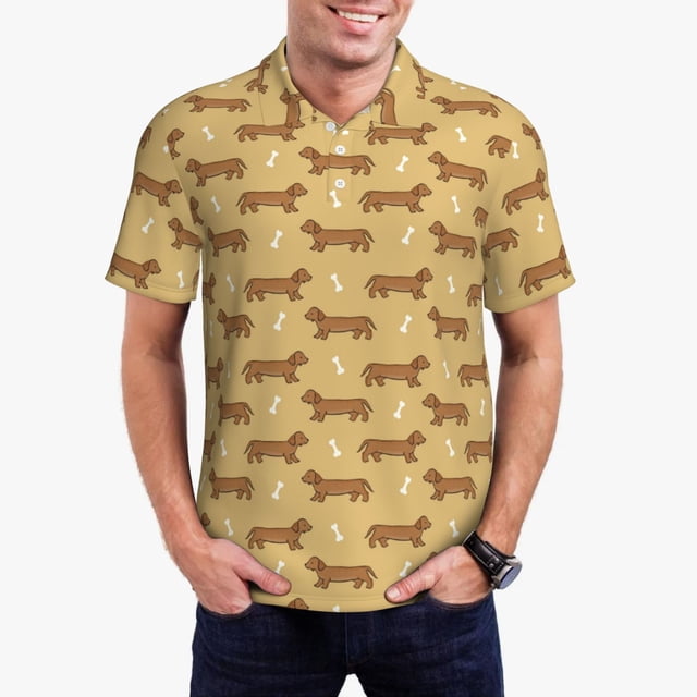 Fotbe Dachshund Dog Puppy Camiseta Polo de Golf para Hombre con Estampado – Camisa Deportiva Transpirable con Cuello Abotonado-Medium