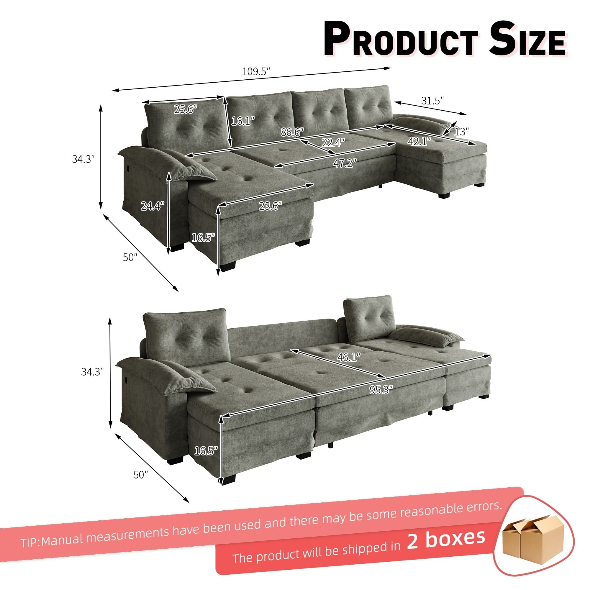 DEALTOPS 109.5" U-Shaped Sectional Sleeper Sofa with Pull Out Bed, 4-Seat Chenille Modular Couch, USB Ports, Gray