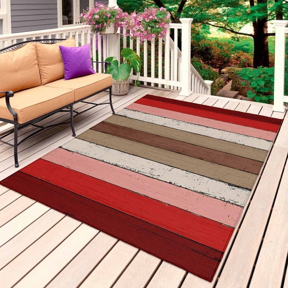 Red Pink Outdoor Rug for Patio/Deck/Porch, Non-Slip Large Area Rug 5 x 8 Ft, Farmhouse Wood Grain Vintage Brown Striped Indoor Outdoor Rugs Washable Area Rugs, Reversible Camping Rug Carpet Runner